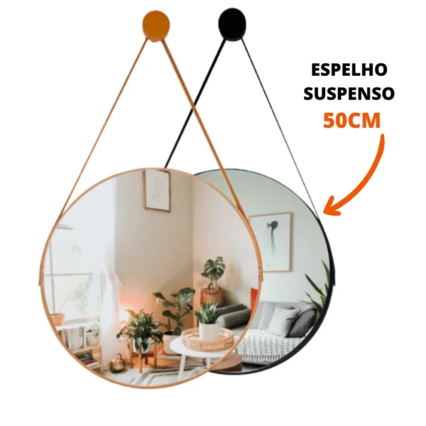 Espelho Decorativo Suspenso 50cm Alça de Couro Imagem Nítida