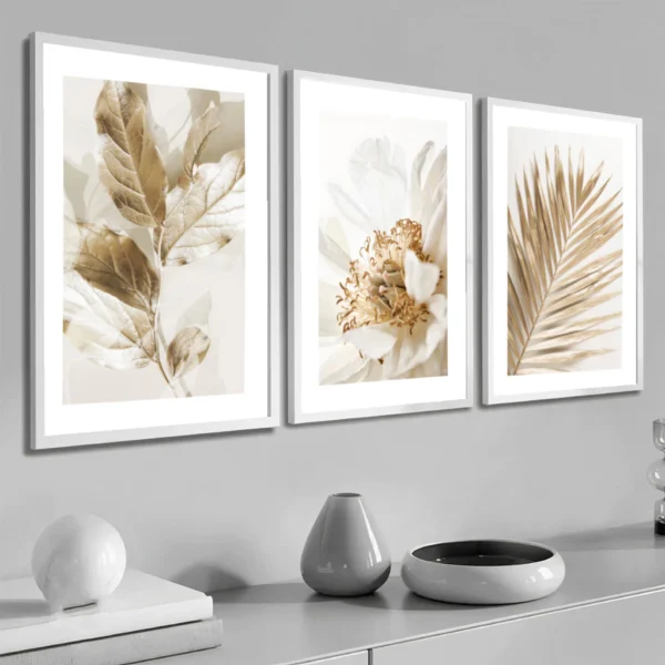 Kit 3 Quadros Decorativos Folhagem Dourada Gold Sala Grande Moderno - Image 2