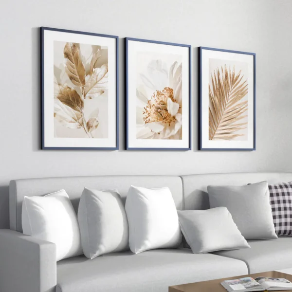 Kit 3 Quadros Decorativos Folhagem Dourada Gold Sala Grande Moderno