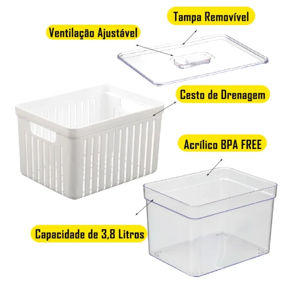 Kit 4 Organizador de Geladeira 3,8 Litros Cesto Com Tampa Multiuso Alimentos Verduras e Vegetais - Image 4