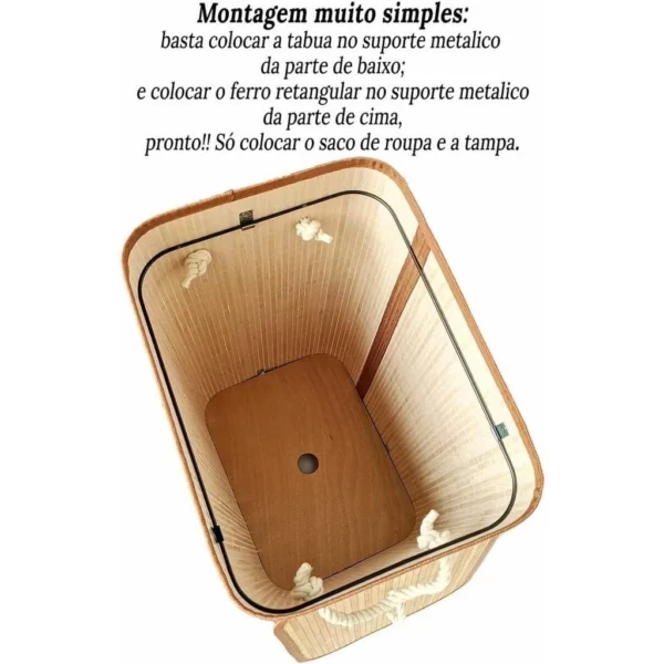 Cesto De Roupa Suja Bambu Dobravel Organizador Forrado Banheiro 60cm Grande Cesto Retangular - Image 3
