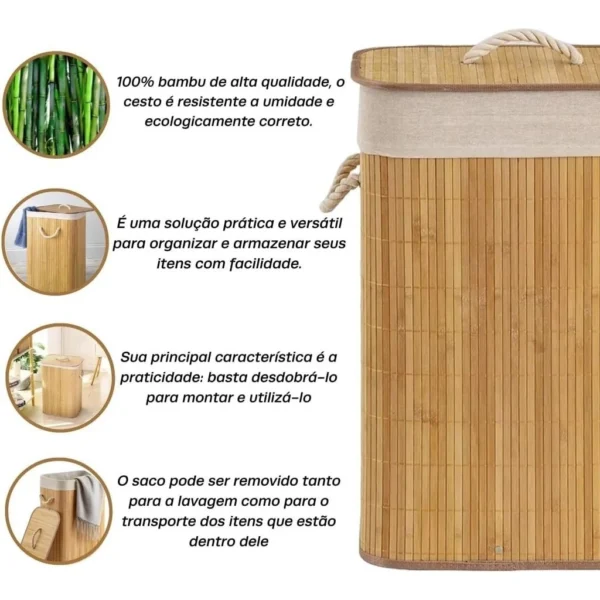 Cesto De Roupa Suja Bambu Dobravel Organizador Forrado Banheiro 60cm Grande Cesto Retangular - Image 4