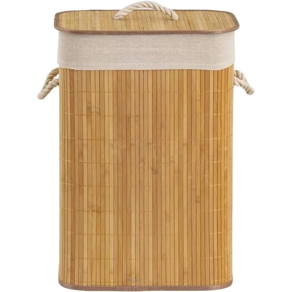 Cesto De Roupa Suja Bambu Dobravel Organizador Forrado Banheiro 60cm Grande Cesto Retangular - Image 2