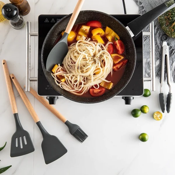 Jogo de Cozinha Kit com 12 Peças de Silicone, Utensílios e Copo Suporte para Cozinha Cabo de Madeira - Image 2