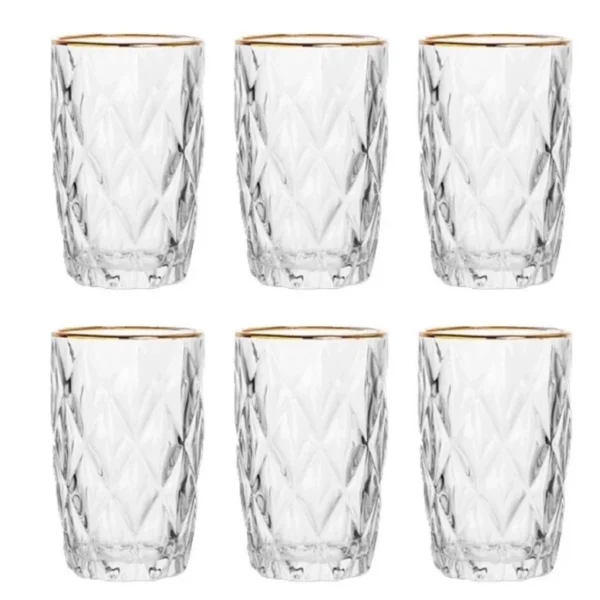 Jogo Com 6 Copos Diamond Borda Dourada Transparente 350ml