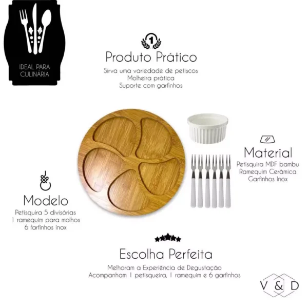Kit Petisqueira Redonda Para Frios Queijo Com Molheira Ramekin e Garfinhos para Petiscos - Image 3